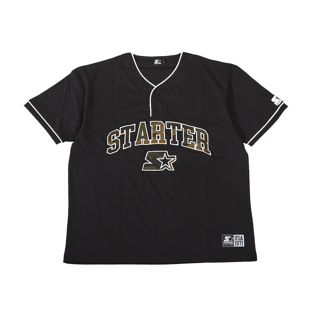 STARTER 天竺カモフラ柄ワッペンベースボール半袖Tシャツ BLACK