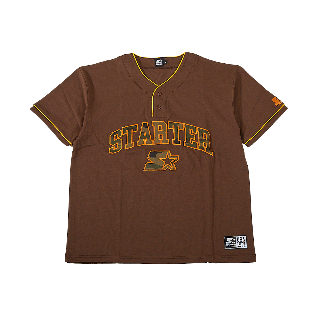 STARTER 天竺カモフラ柄ワッペンベースボール半袖Tシャツ BROWN