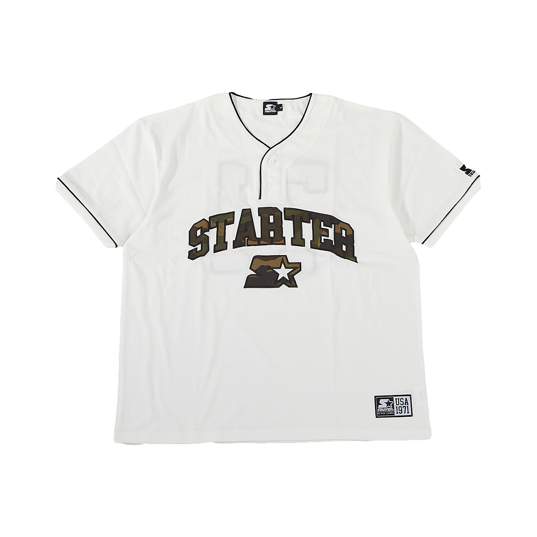 STARTER 天竺カモフラ柄ワッペンベースボール半袖Tシャツ WHITE
