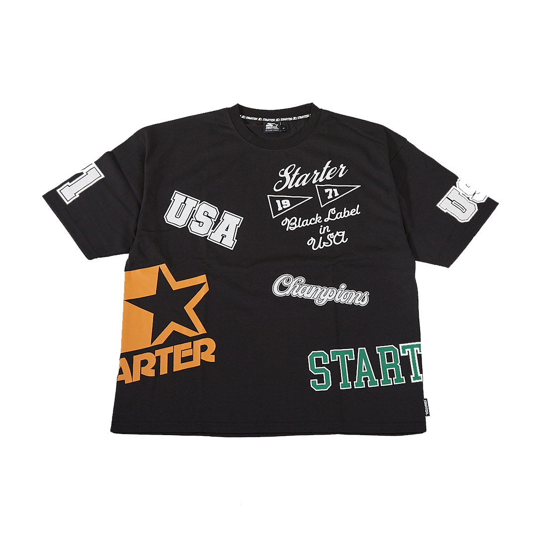 STARTER 天竺総柄ロゴプリント半袖Tシャツ  BLACK