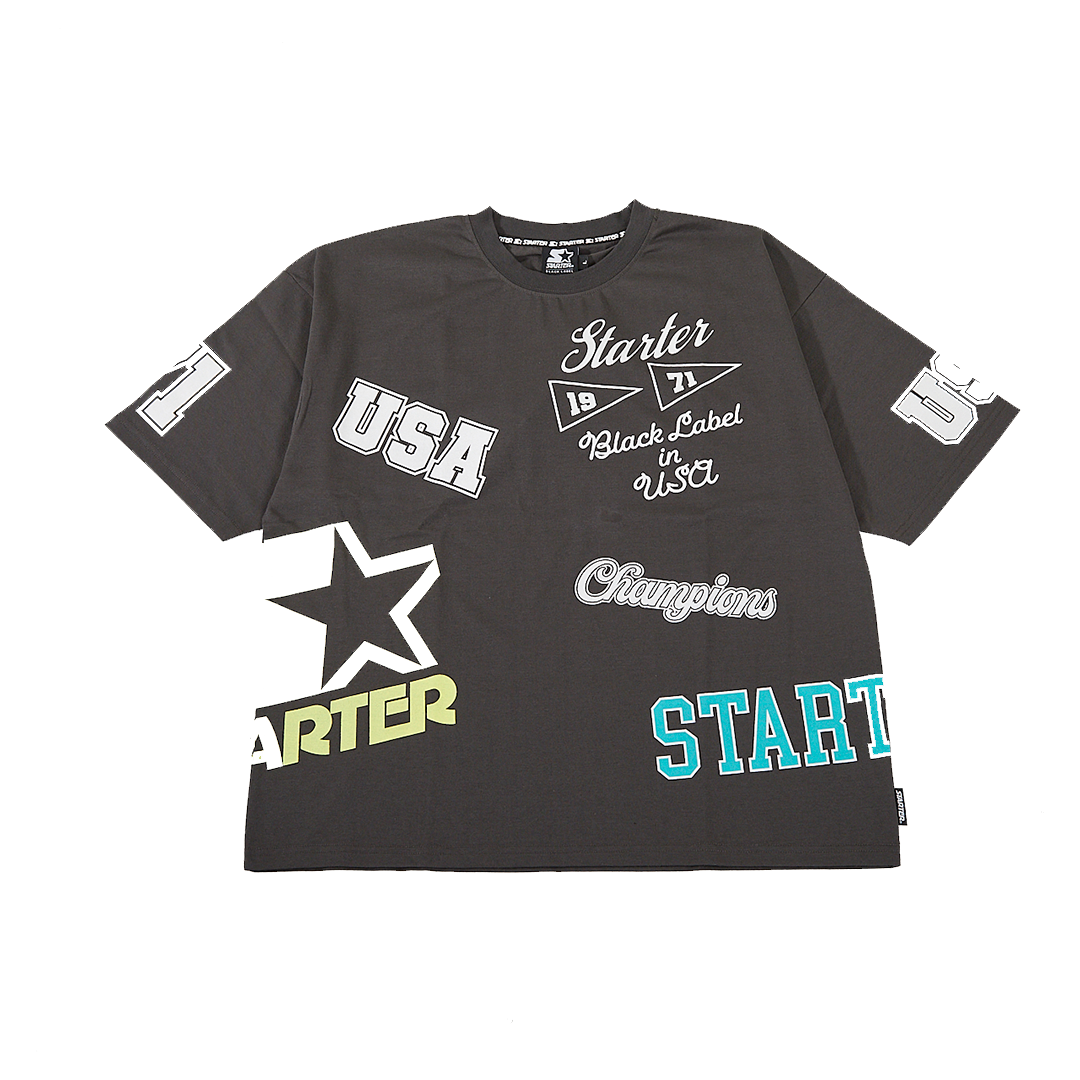 STARTER 天竺総柄ロゴプリント半袖Tシャツ  CHACOAL